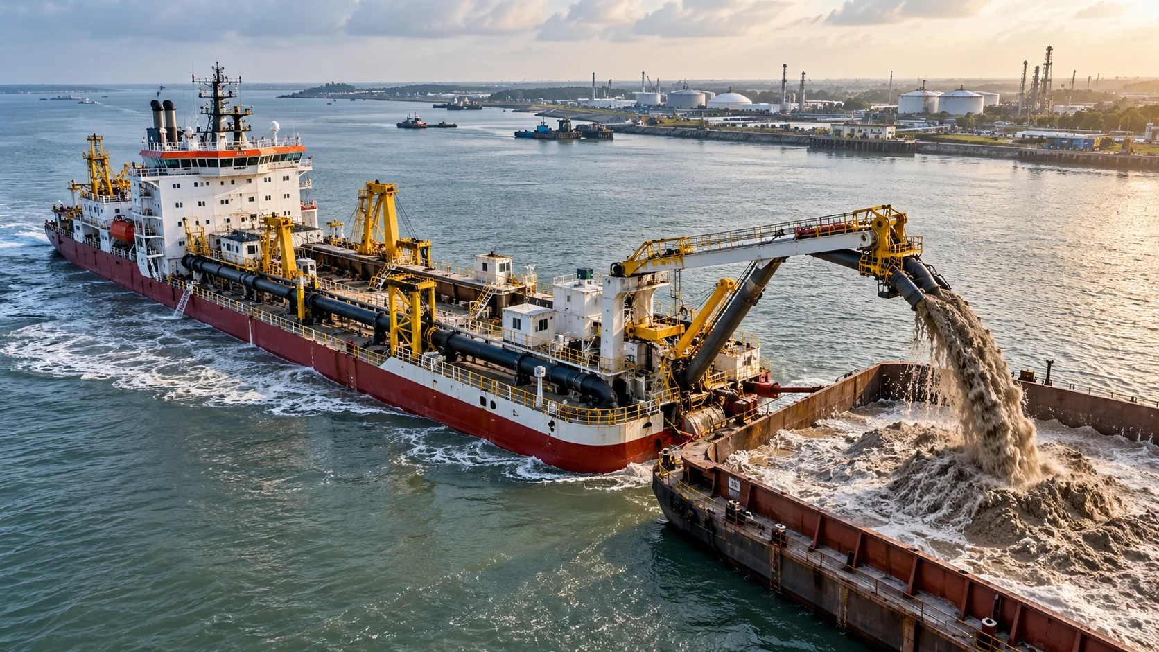 Working dredging vessel transferring excavated material at a harbor