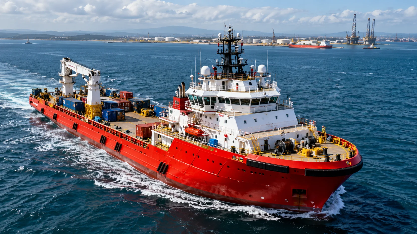 Red offshore logistics and support vessel approaching a port